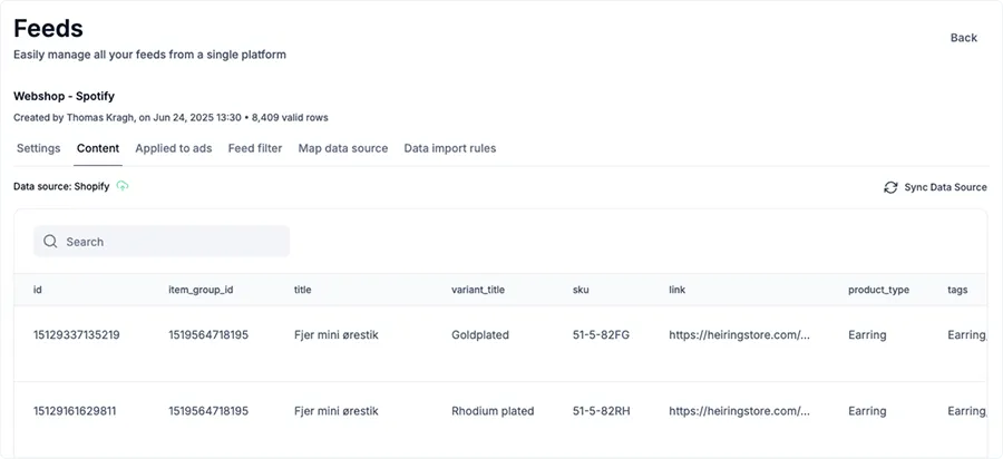 The Feeds view in Campaign Builder: a Shopify product feed with columns for id, title, variant, SKU, link and product type